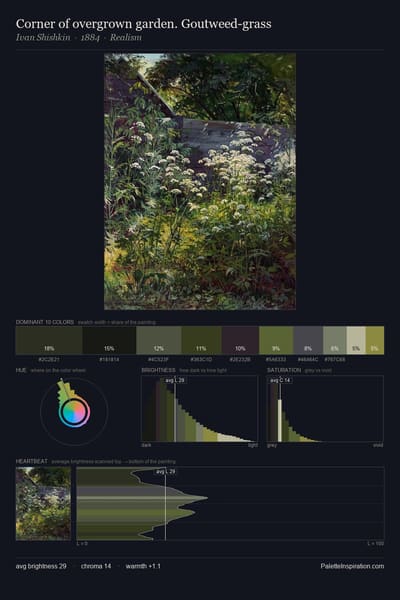 Corner of overgrown garden. Goutweed-grass palette card