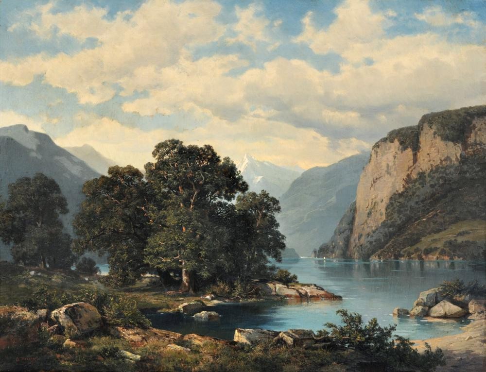 Blick auf den Vierwaldstättersee mit Schillerstein und den verschneiten Bristen by Adolf Mosengel