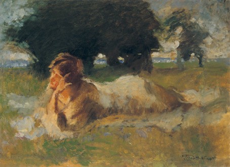 Woman lying on the grass by Adolfo Feragutti Visconti
