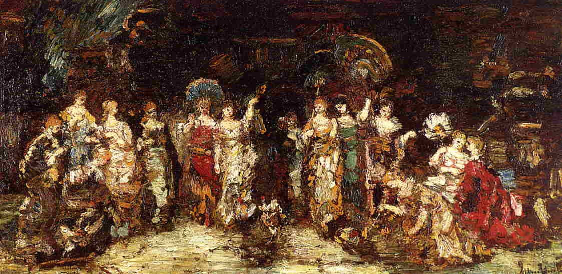 Cock Fight in Front of a Group of Young Women by Adolphe Joseph Thomas Monticelli