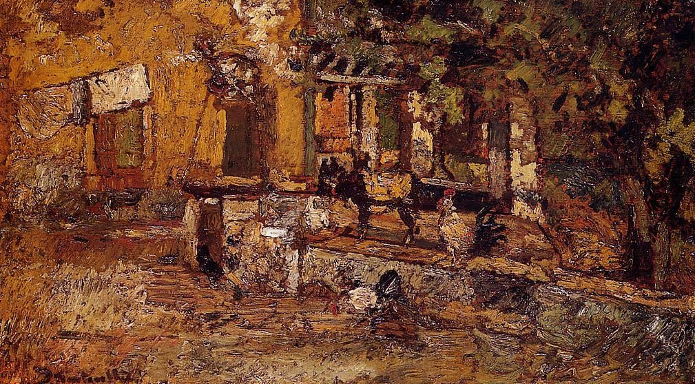 Farmyard with Donkeys and Roosters by Adolphe Joseph Thomas Monticelli