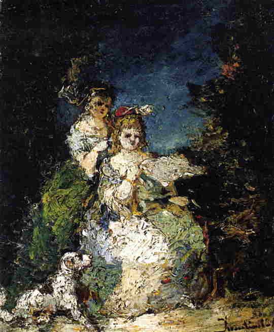 Young Girls and Dog in a Park by Adolphe Joseph Thomas Monticelli