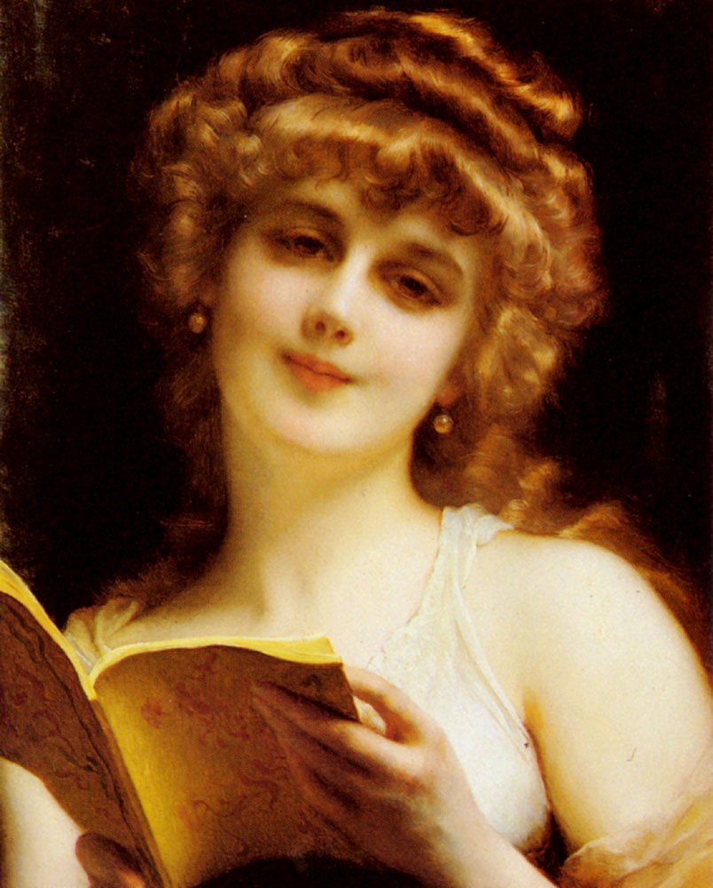 A blonde beauty holding a book by Adolphe Piot