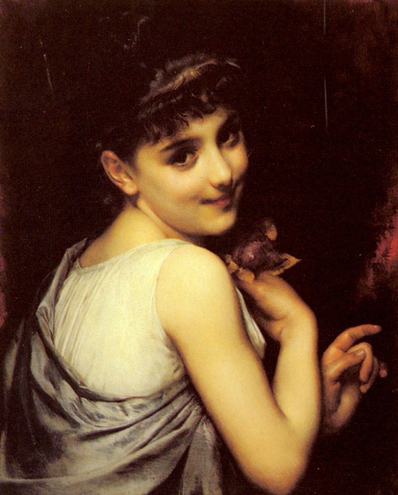 A young beauty holding a red rose by Adolphe Piot