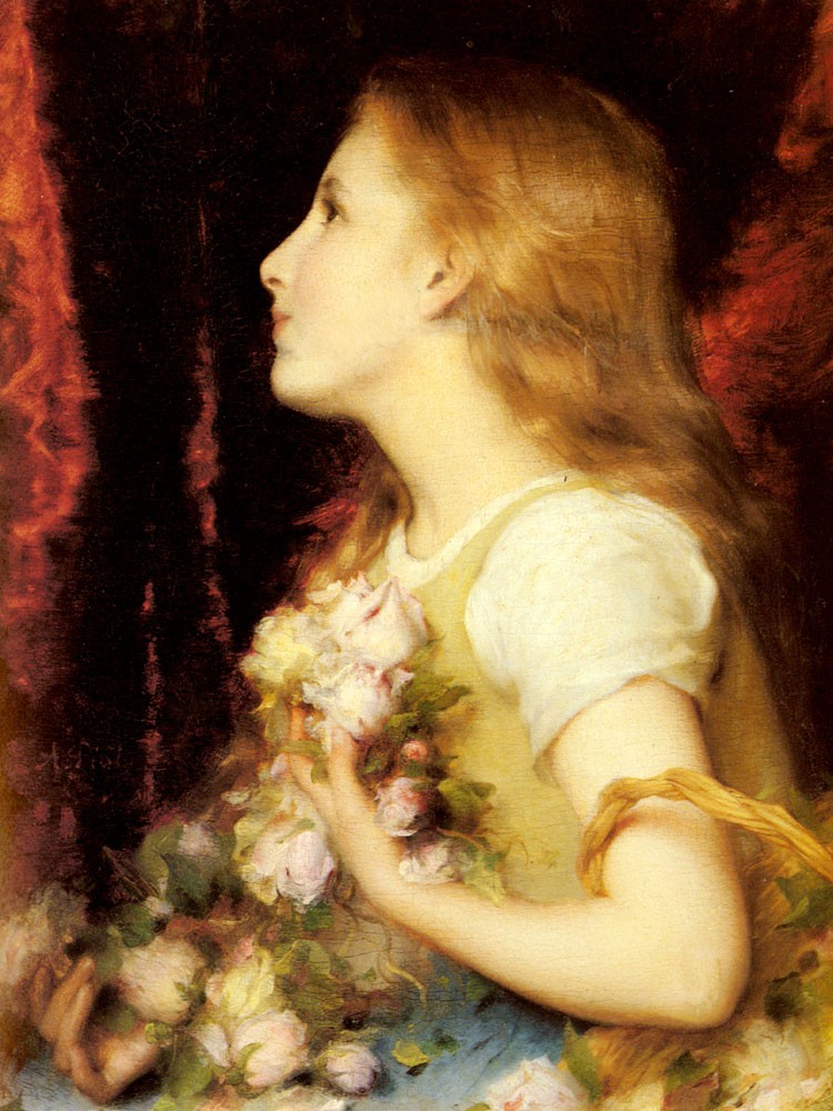 A young girl with a basket of flowers by Adolphe Piot
