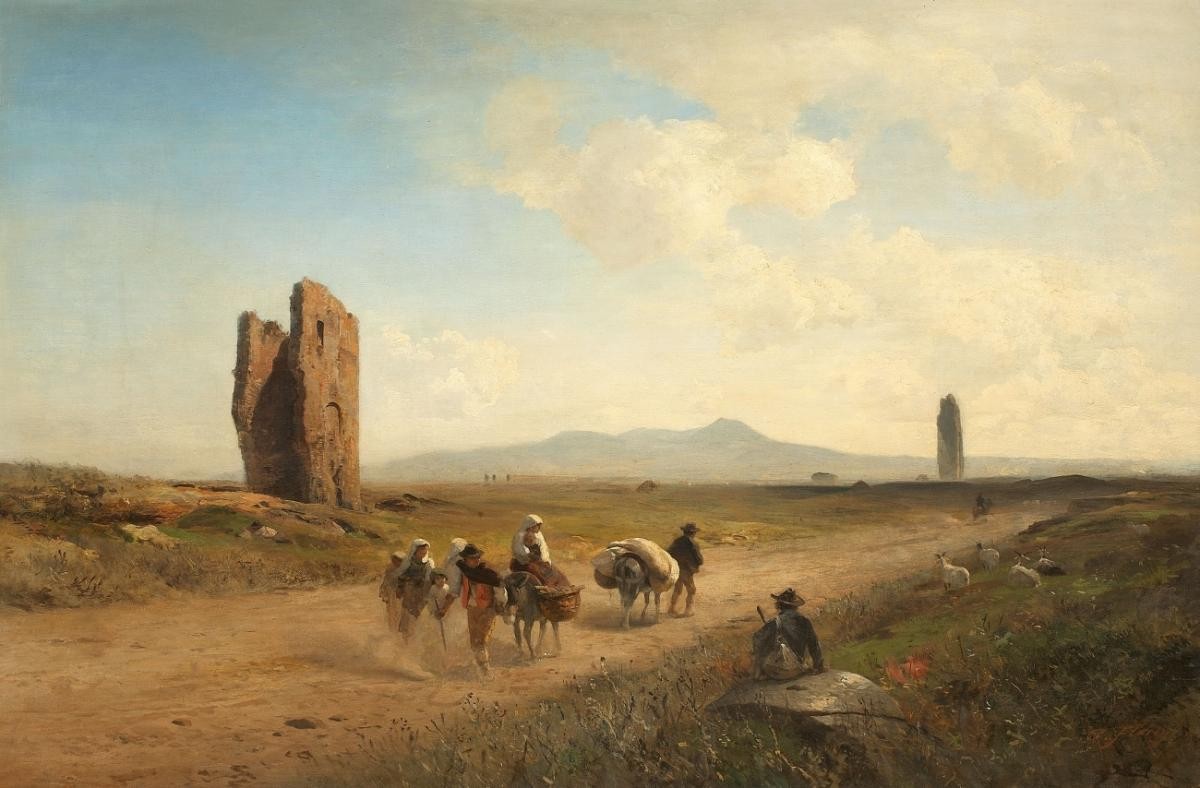 Landscape in the Campagna Romana with ruins and peasants by Albert Flamm