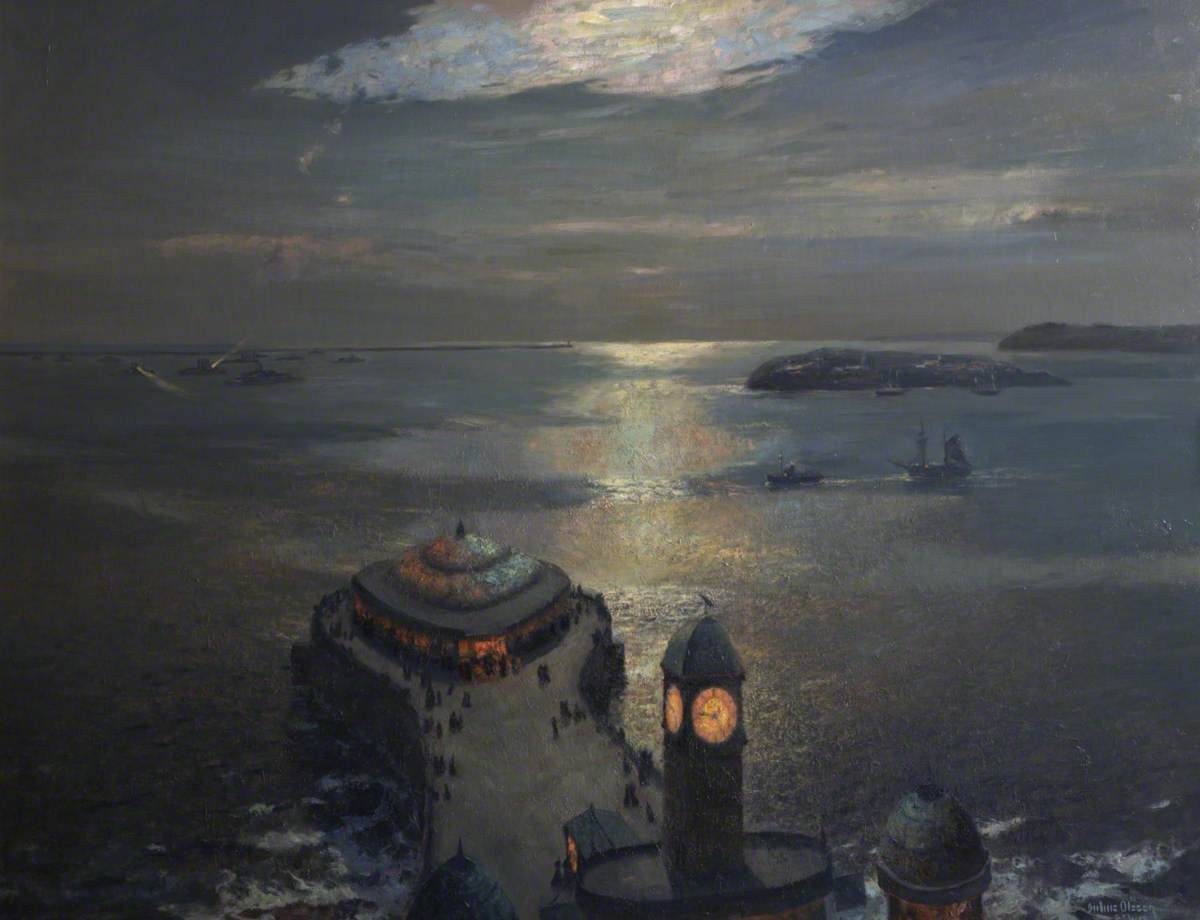 Plymouth Sound by Moonlight and Searchlight by Albert Julius Olsson