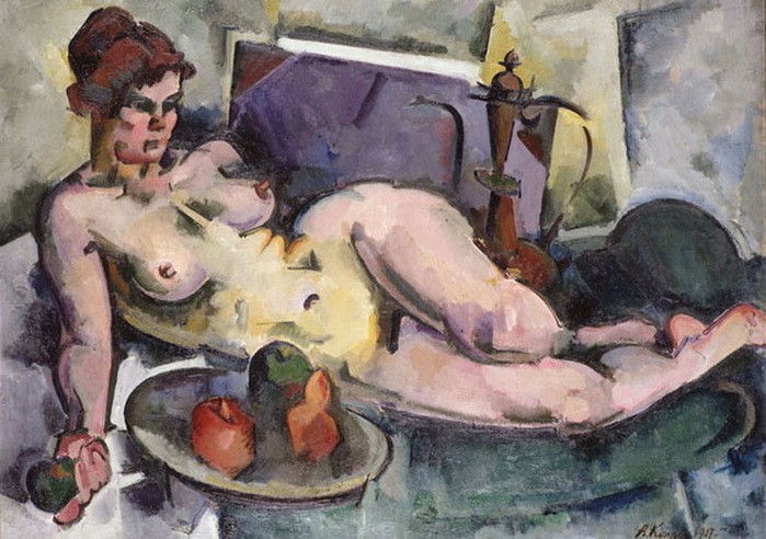 Reclining Nude Model With Art Fruit And Asian Jug by Aleksander Kuprin