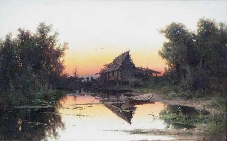 Bord de rivière au soleil couchant by Aleksandr Kiseliov