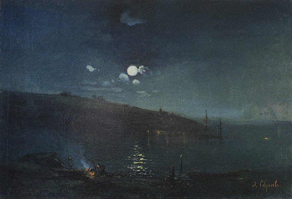Moonlit night. Landscape with fire by Aleksey Savrasov