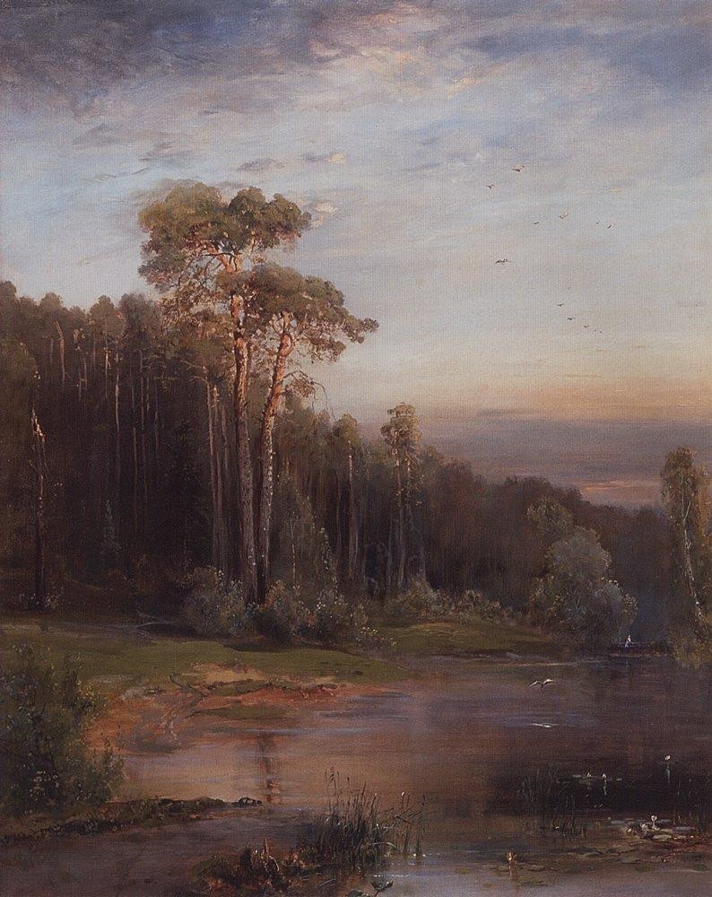 Summer landscape with pine trees near the river by Aleksey Savrasov