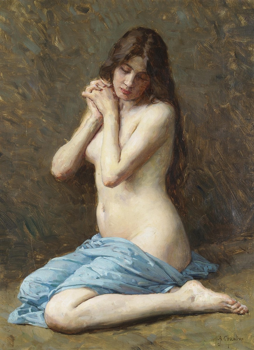 a Seated Nude with a Blue Drape by Alexandre-Jacques Chantron