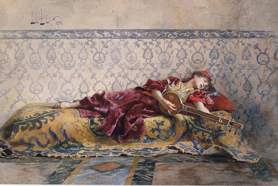 Moroccan Girl, Playing a Stringed Instrument by Alexandre-Louis Leloir