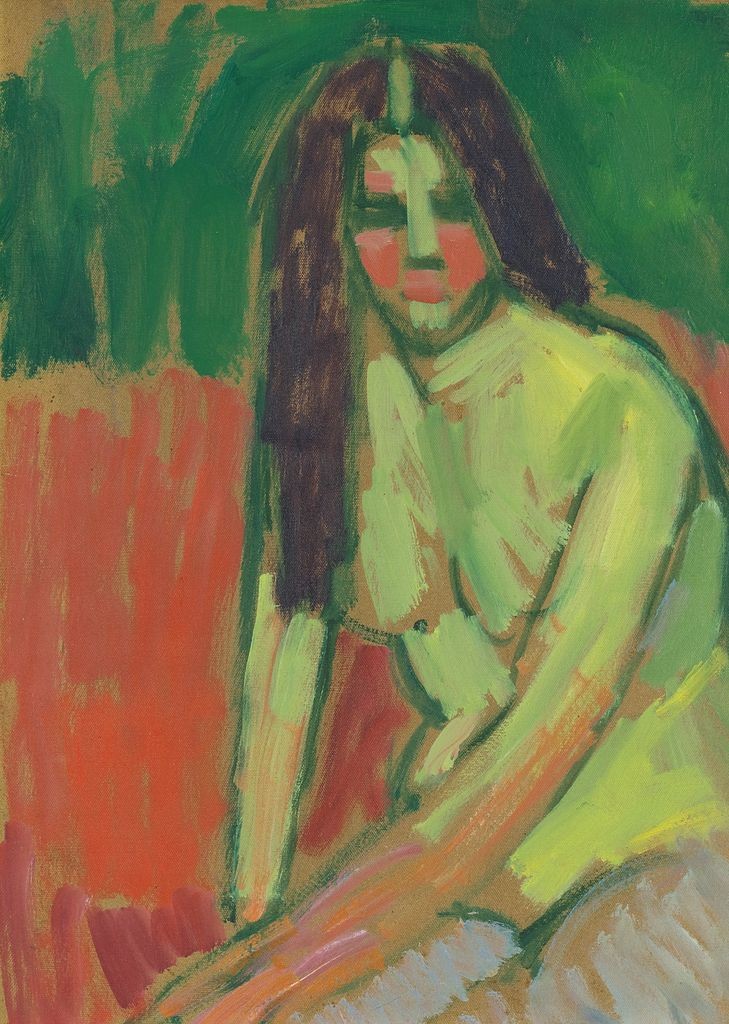 Half-nude figure with long hair sitting bent by Alexej von Jawlensky