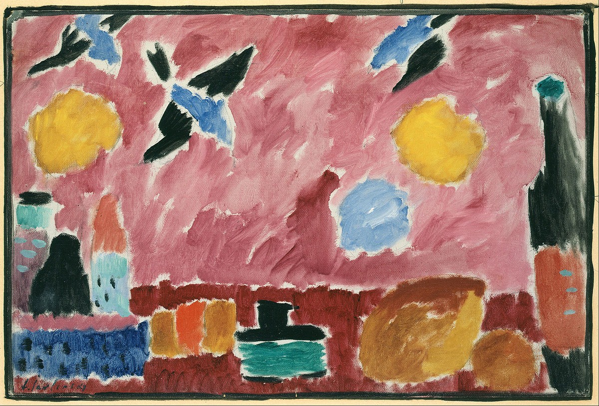 Still Life with Bottle, Bread and red Wallpaper with Swallows by Alexej von Jawlensky