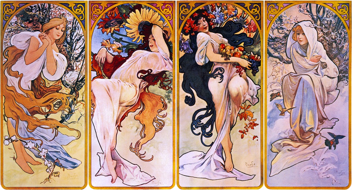 Cropped print of four panels each depicting one of the four seasons personified by a woman by Alphonse Mucha