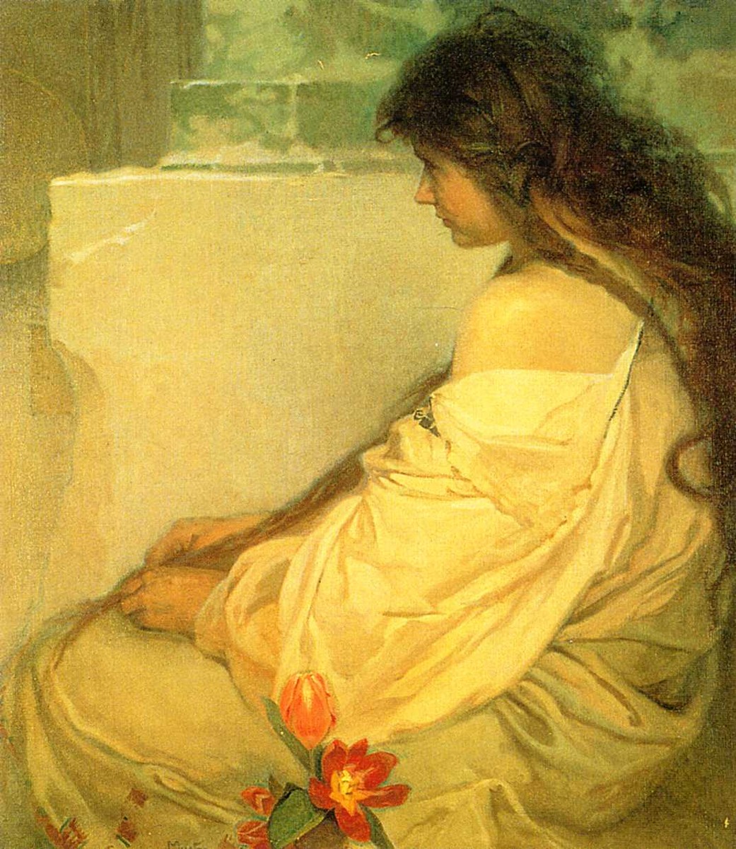 Girl with Loose Hair and Tulips by Alphonse Mucha