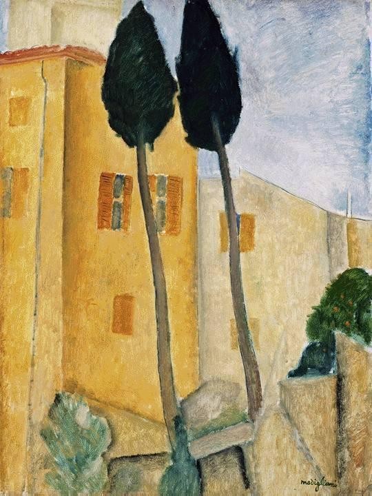 Cypress Trees and House by Amedeo Modigliani