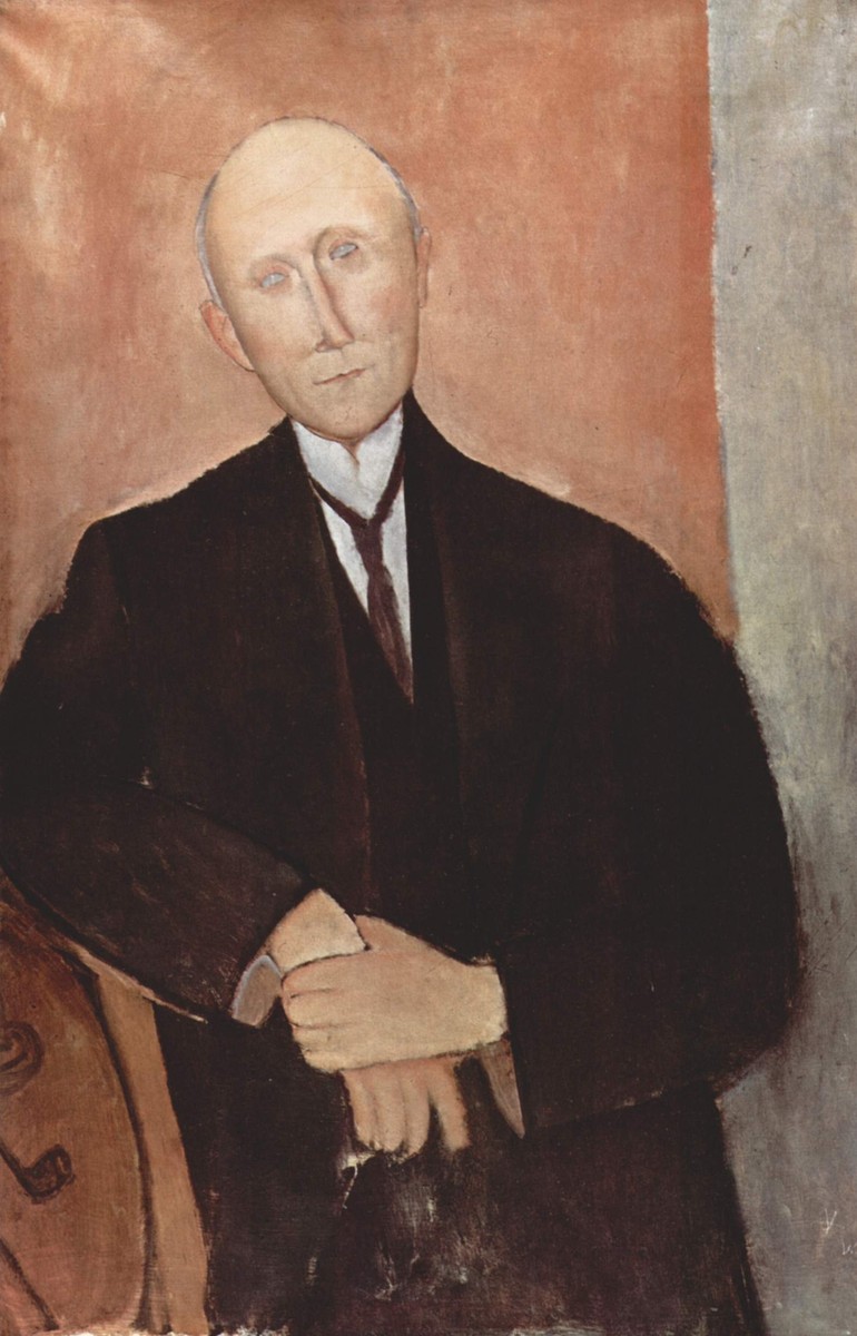 Sitting man on orange background by Amedeo Modigliani