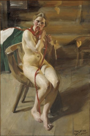 Nude woman arranging her hair by Anders Zorn