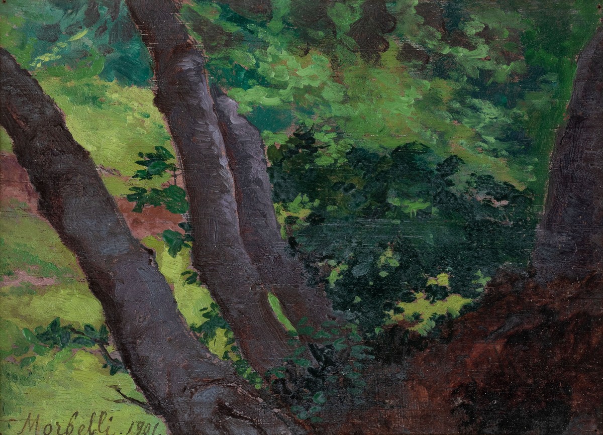 Glimpse of the countryside with trees by Angelo Morbelli