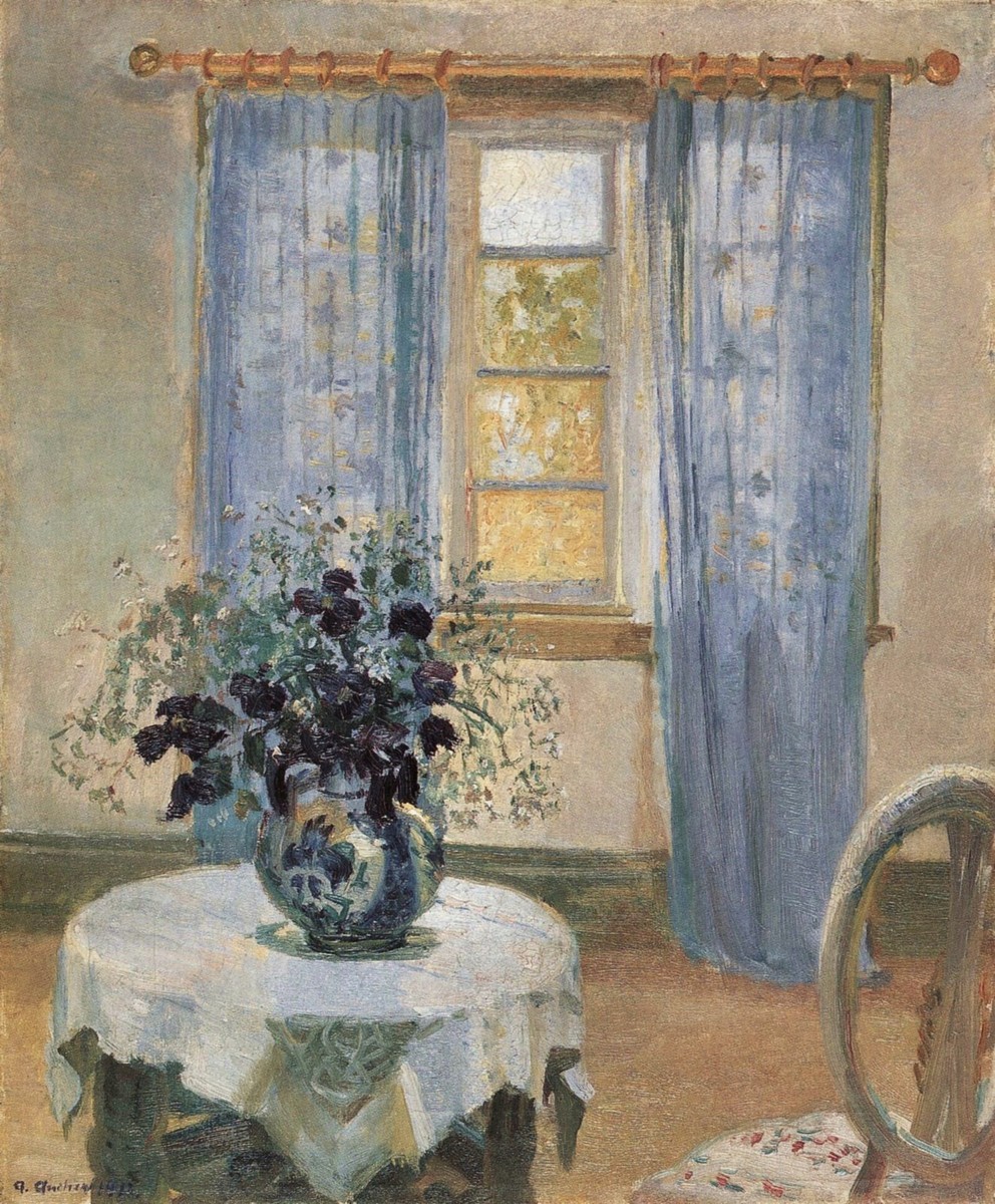 Living Room with Lilac Curtins and Blue Clematis by Anna Ancher