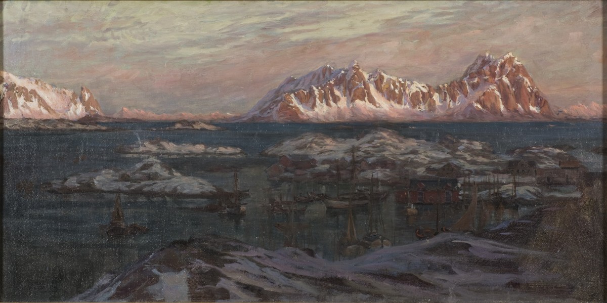Fishing Harbour with Sunlit Mountains. Study from North Norway by Anna Katarina Boberg