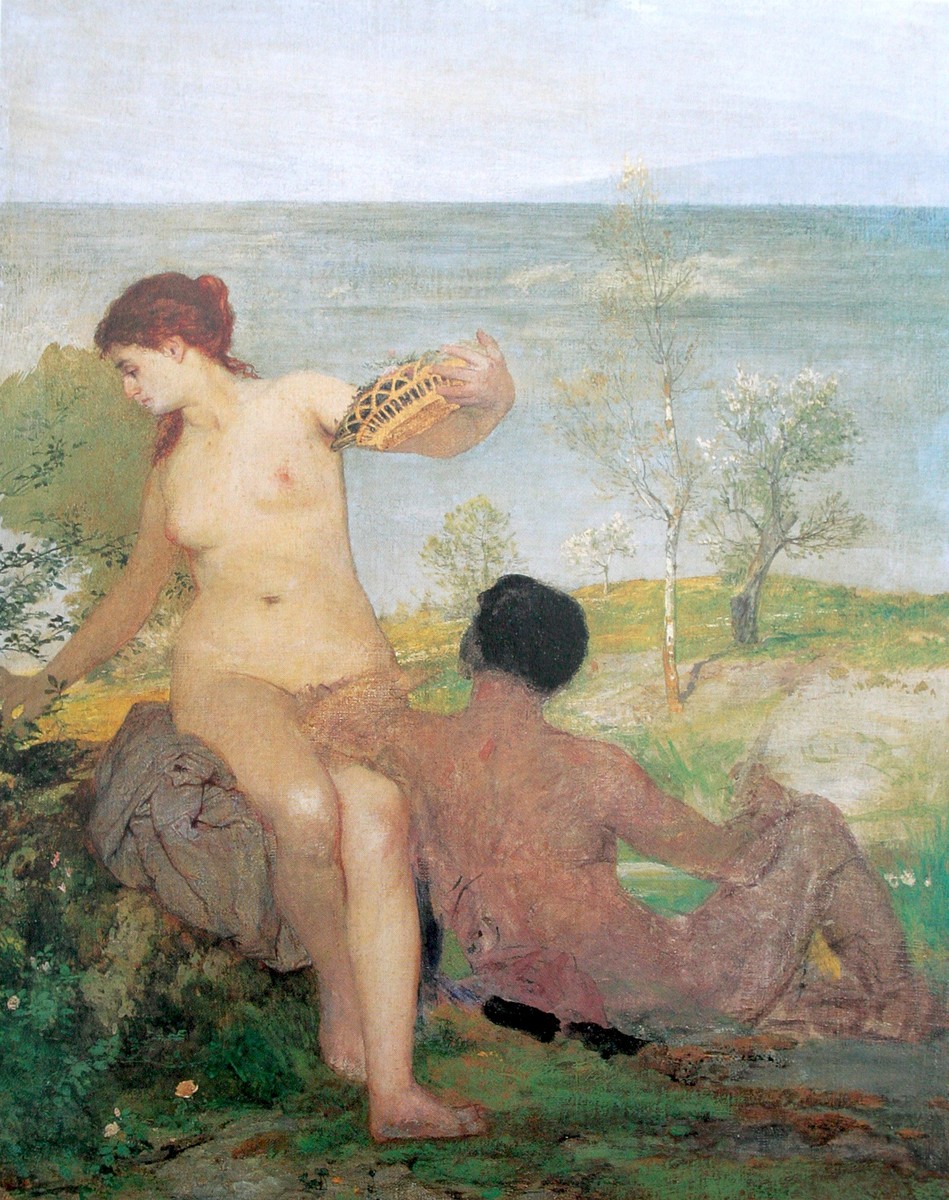 Girl and boy picking flowers by Arnold Böcklin