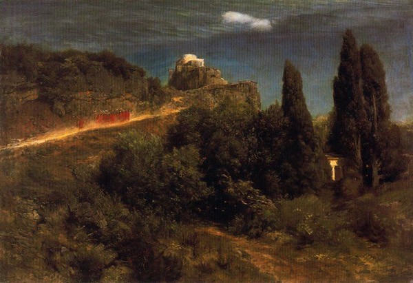 Soldiers amount towards a mountain fortress by Arnold Böcklin