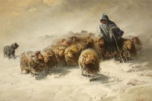 FLOCK OF SHEEP IN THE SNOW by August Friedrich Schenck