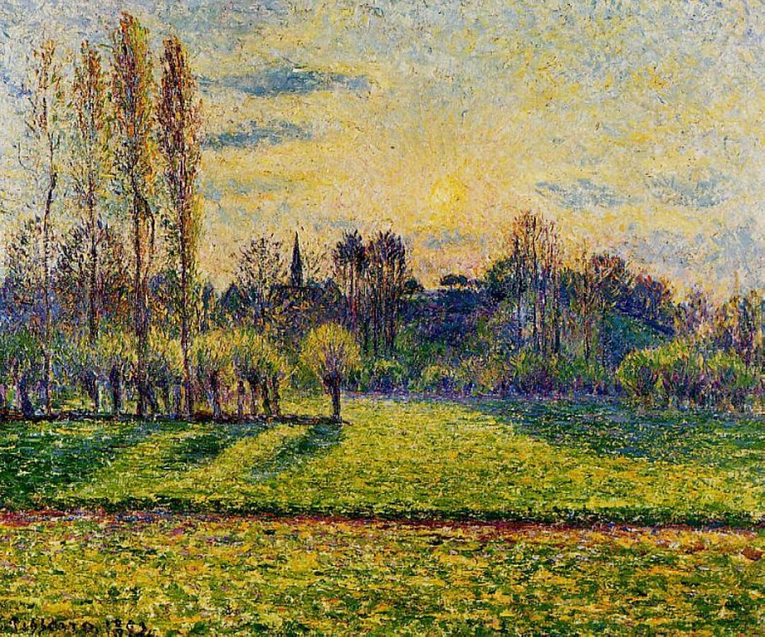 View of Bazincourt, Sunset by Camille Pissarro