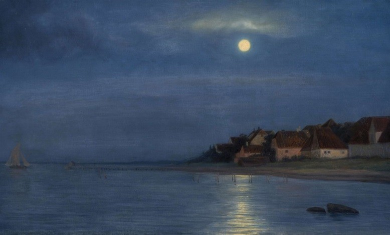 Full moon effect on the sea at Hellebaek by Carl Bloch