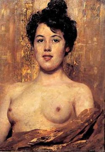 Half nude woman by Cesare Tallone