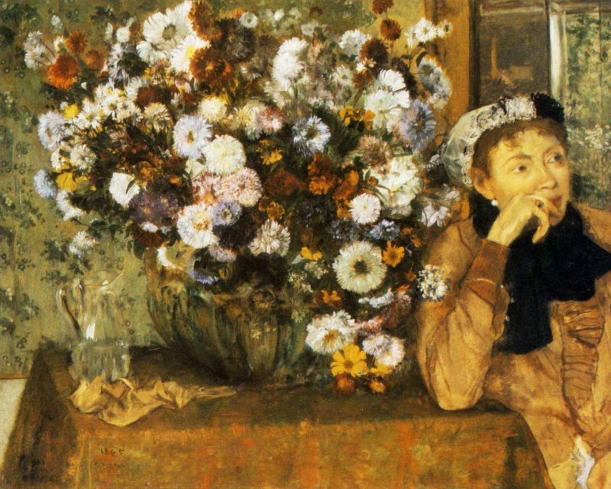 A Woman Seated beside a Vase of Flowers by Edgar Degas