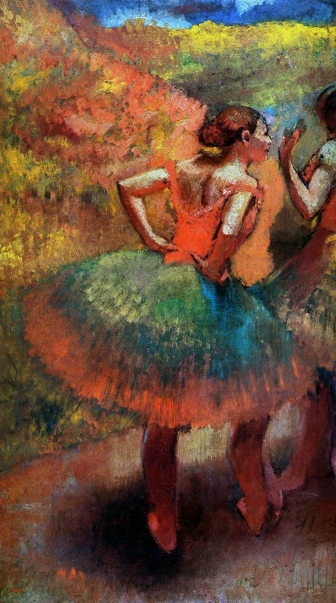 Two Dancers in Green Skirts, Landscape Scener by Edgar Degas