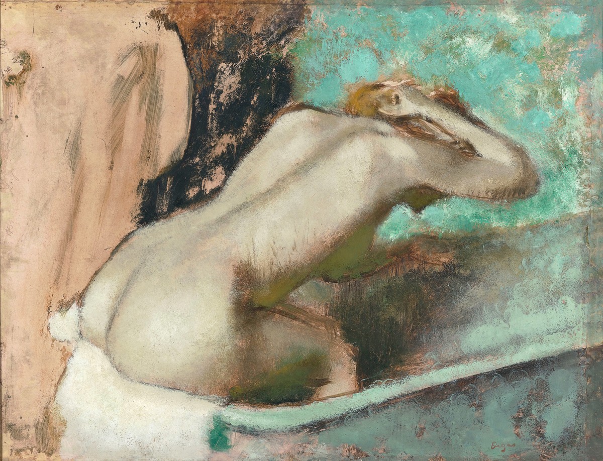 Woman seated on the edge of a bath sponging her neck by Edgar Degas