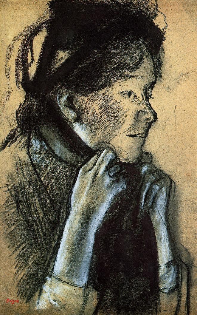 Woman Tying the Ribbons of Her Hat by Edgar Degas