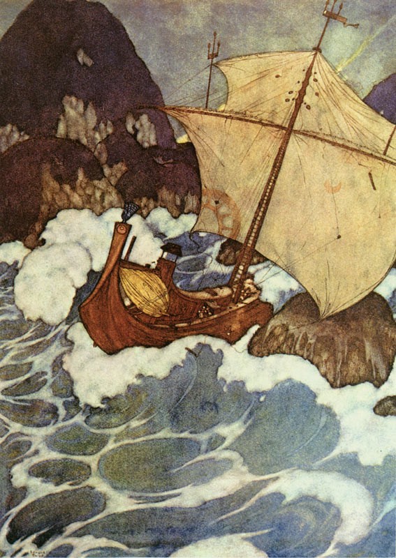 The Arabian Nights: The ship struck upon a rock by Edmund Dulac