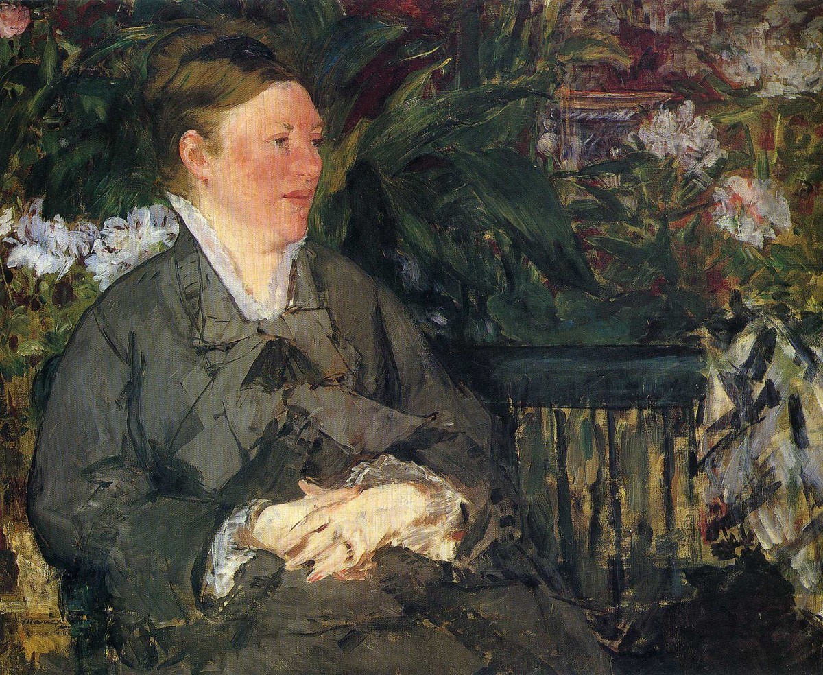 Madame Manet in conservatory by Edouard Manet