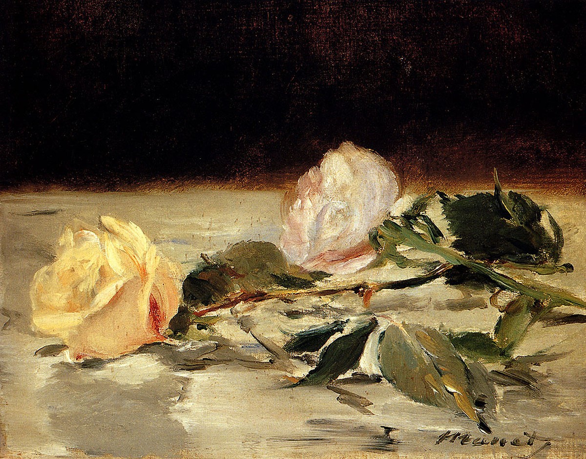 Two roses on a tablecloth by Edouard Manet