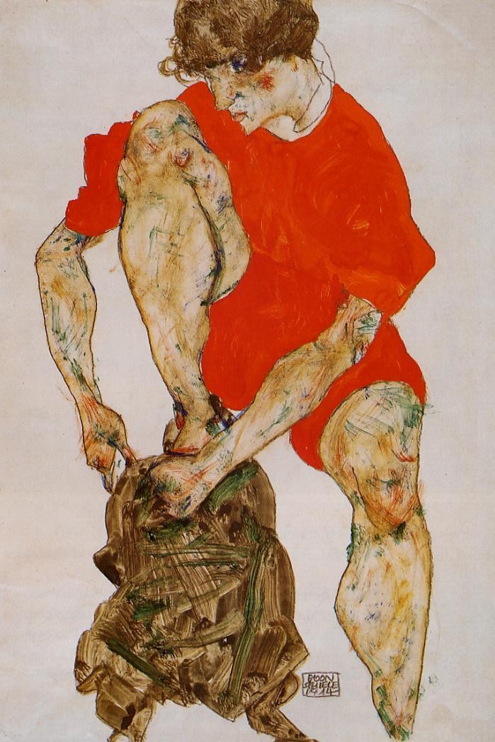 Female Model in Bright Red Jacket and Pants by Egon Schiele