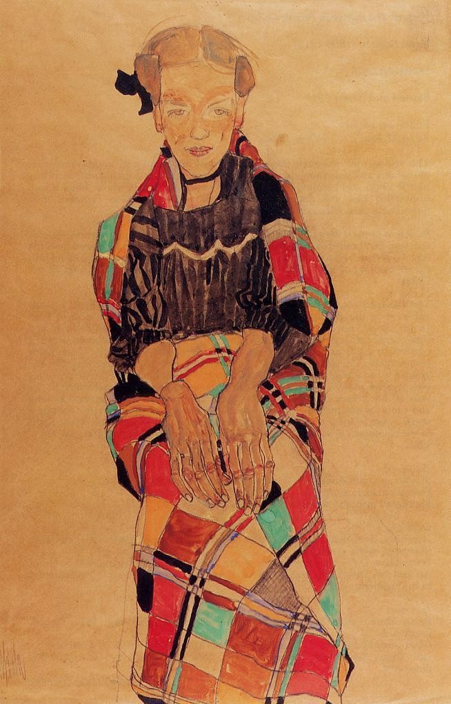 Girl in Black Pinafore, Wrapped in Plaid blanket by Egon Schiele