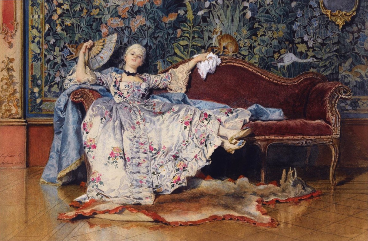 A reclining lady with a fan by Eleuterio Pagliano