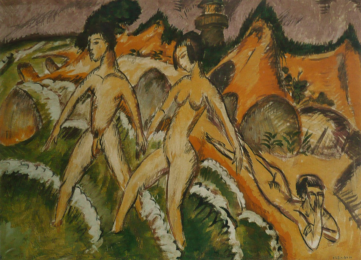 Male and Female Nudes Striding into the Sea by Ernst Ludwig Kirchner