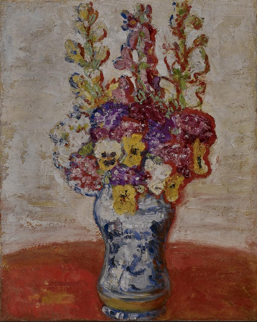 Flowers in Blue and White Vase on Orange Table by Florine Stettheimer