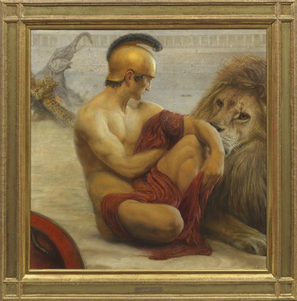 Sitzender Gladiator mit ruhendem Löwen in der Arena by Franz Matsch