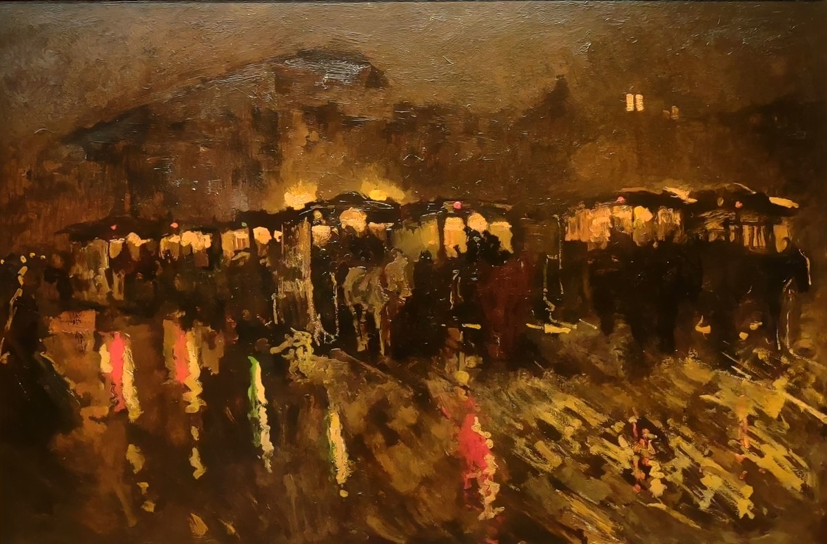 Horse trams on the Dam in Amsterdam at night by G H Breitner