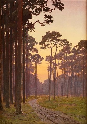 Vägen genom skogen gryning eller skymning by Georg von Rosen