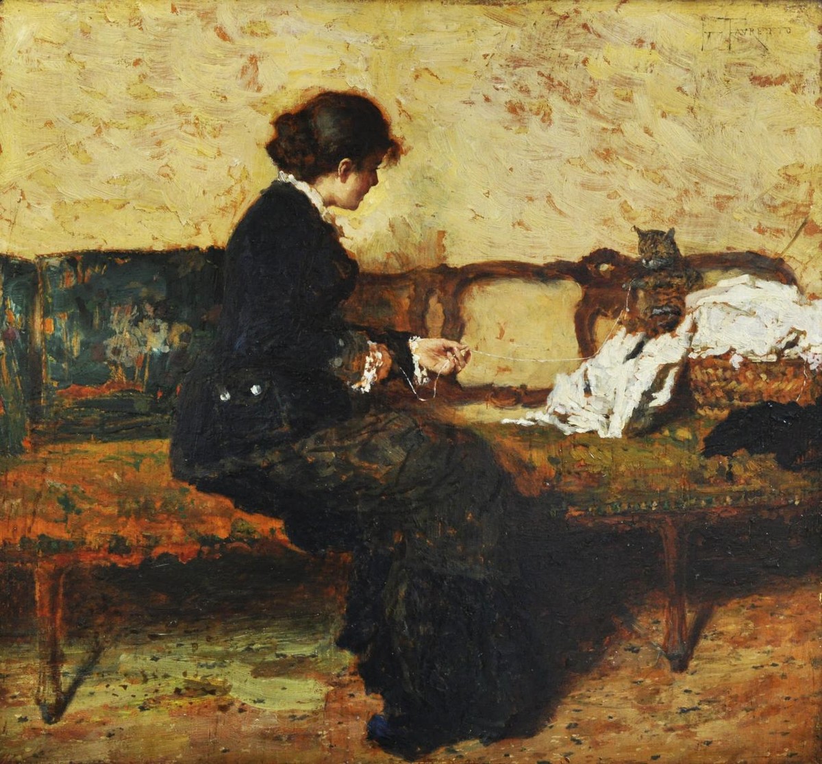 Idle hours. The kitty on the laundry by Giacomo Favretto