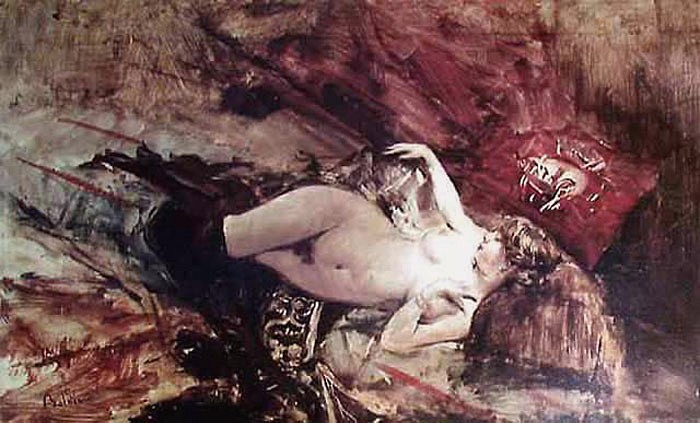 Naked young woman lying down with black stockings by Giovanni Boldini